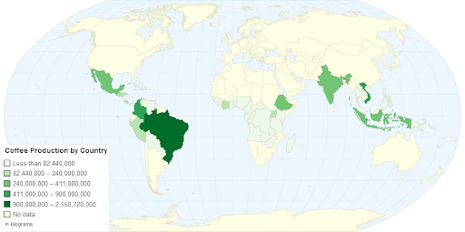 Modern day coffee production shown using a world map.